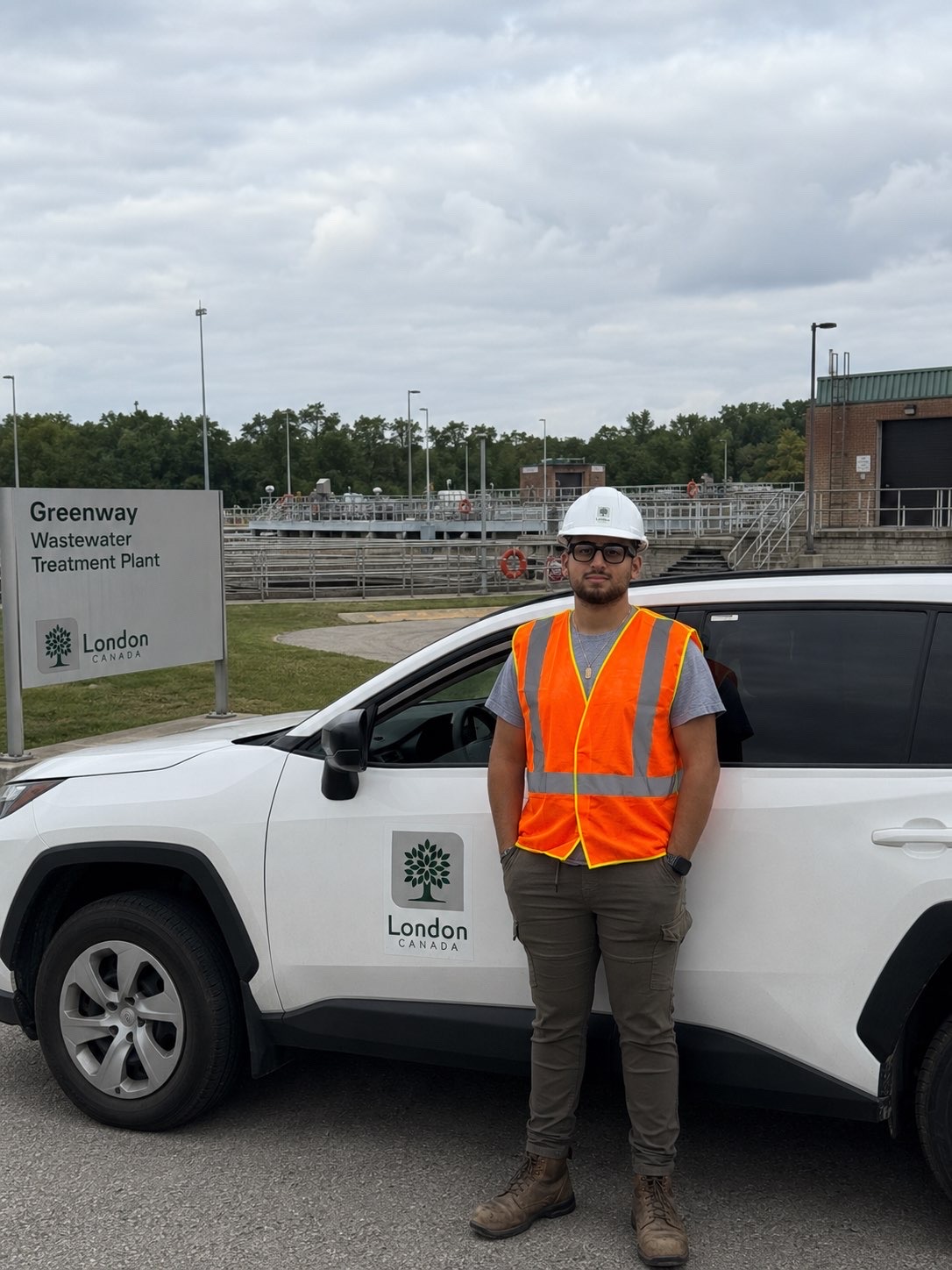 Stephonis at Greenway Wastewater Treatment Plant beside a City of London vehicle.