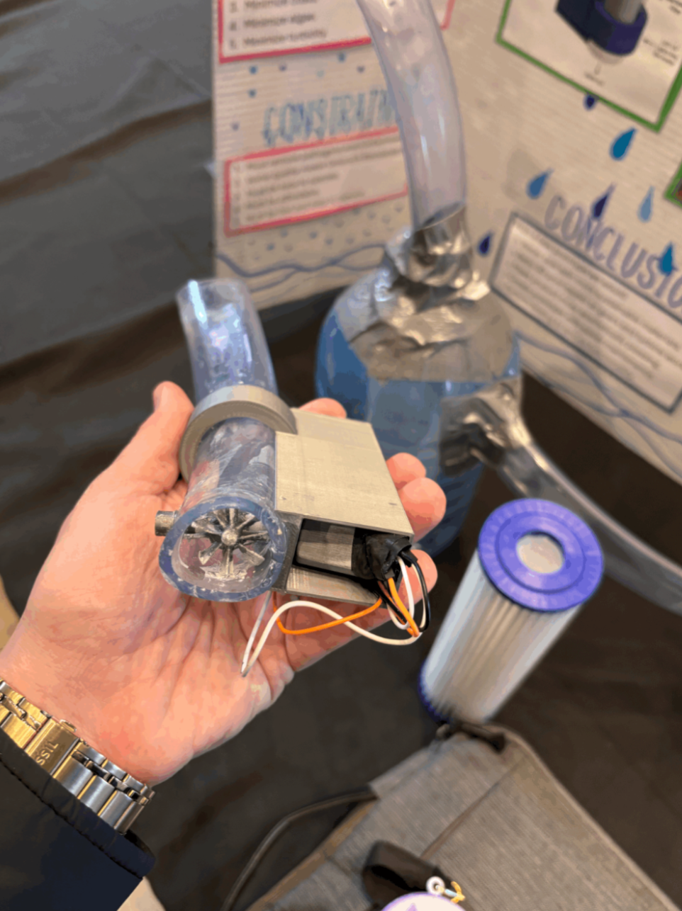 Close-up of the project prototype and filter cartridge.